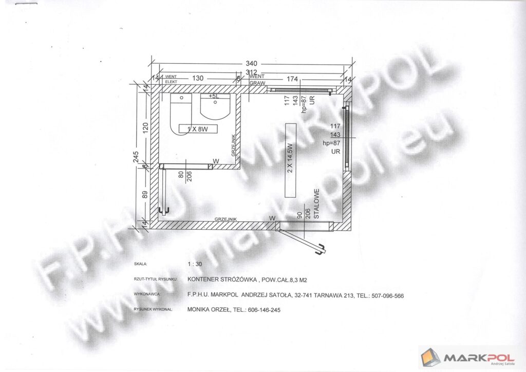 Plan kontenera stróżówkowego, wymiary