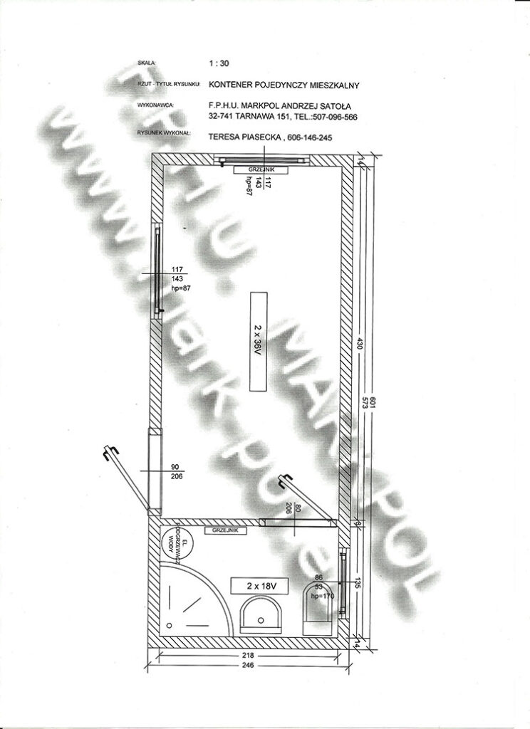 Plan kontenera mieszkalnego, rysunek techniczny
