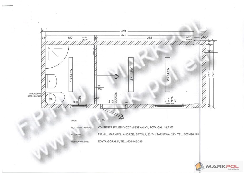Plan kontenera mieszkalnego, wymiary - projekt